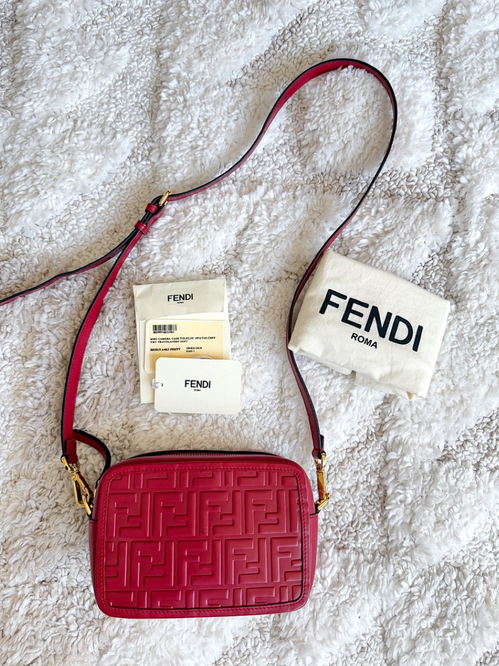 FENDI Vitello Century FF 1974 Embossed Mini Camera Bag Crossbody Fragola